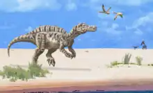 Artist's depiction of a coastline in the Romualdo Formation. In the foreground, Irritator approaches the water, surrounded by nearby patches of foliage. Above the coastline are two pterosaurs in flight, and in the distance at the far right, a small theropod dinosaur is being fended off by a pterosaur on all fours.