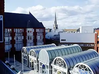 Roof top of Ealing Broadway Centre; in the background is the spire of Christ the Saviour Church