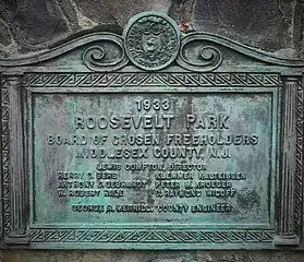 Roosevelt Park stone monument, plaque on back