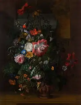 Rachel Ruysch, Roses, Convolvulus, Poppies, and Other Flowers in an Urn on a Stone Ledge (1680s)