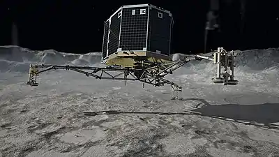 Comet lander Philae showing anchoring harpoons (2) and foot-pad screws (3)