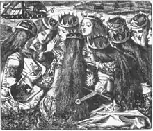 King Arthur and the Weeping Queens, one of two illustrations by Rossetti for Edward Moxon's illustrated edition of Tennyson's Poems (1857)