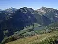 View from path up to Point-de-Cray of Rossinière and lake.