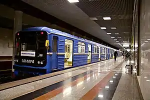 Train made up of 81-717/714 cars at the station Rossiyskaya