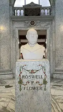 Bust of Roswell P. Flower located inside the library