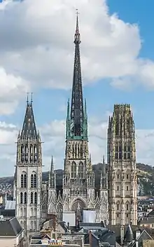 Rouen Cathedral has a Flamboyant central tower (13th–16th century) and right tower (15th century)