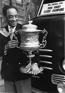 Roy Francis holding the Rugby League Challenge cup in 1956