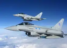 Two Eurofighter Typhoons FGR.4 of No. 6 Squadron carry Paveway II training rounds en route to the Cape Wrath range in Scotland during March 2013.