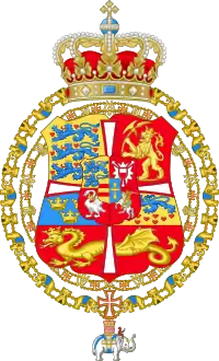 Coat of arms of Frederick IV of Denmark and Norway surrounded by the collars of the Order of the Dannebrog and the Order of the Elephant