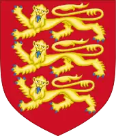 The royal arms of England: on a red shield three pale golden lions passant guardant with blue claws and tongues, each on its own row.