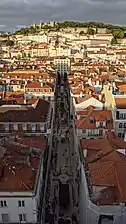 View of Castelo de São Jorge and Rua de Santa Justa from the observation deck above the lift