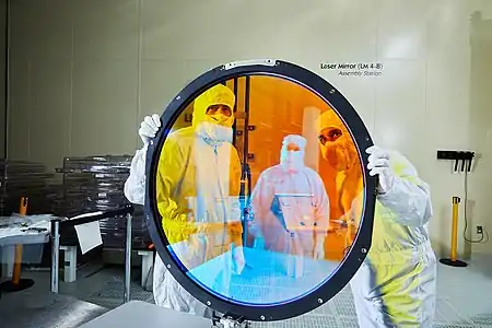 Optical engineers Justin Wolfe (left) and Simon Cohen with the r filter for the LSST Cam.