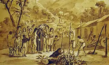 An image depicting a village of indigenous people in Brazil referred to as "tapuyos," who have been described as a detribalized population.