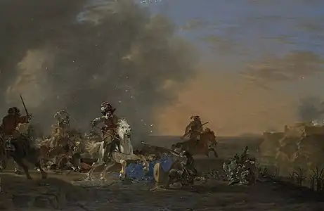 Cavalry charge at sunset. In the middle a kneeling musketman fires at an onrushing rider on a white horse.