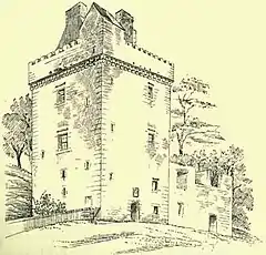 A line drawing of a tower house