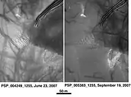 Russell Crater Dust Devil Changes, as seen by HiRISE.  Click on image to see changes in dust devil tracks in just 3 months.