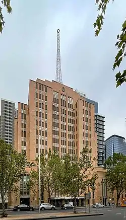 Former Police Headquarters, Russell Street, Melbourne; built 1940; an example of interwar brick moderne heavily influenced by North American skyscrapers
