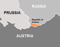 Territory of the Free City of Cracow (orange) and its three neighbours (Kingdom of Prussia, Austrian Empire and Russian Empire)