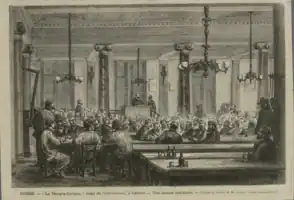 Illustration of a session of the Geneva section of the International Workingmen's Association, between 1869 and 1875.