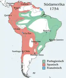 Image 19Spanish and Portuguese control of South America in 1754 CE (from History of Uruguay)