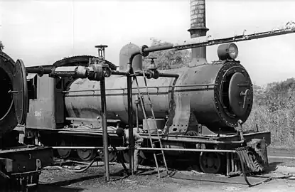 Class 7B no. 1040 grounded as a stationary boiler at Livingstone, Zambia, 28 April 1989 - note chimney location