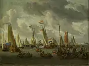 Practice battle on the river IJ in honor of Peter I, Abraham Storck, Amsterdam Museum