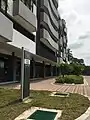 Multi-storey park and ride building next to the station.