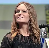 Jennifer Jason Leigh speaking at the 2015 San Diego Comic Con International, for "The Hateful Eight", at the San Diego Convention Center in San Diego, California.