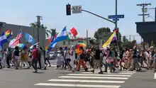 A group of marchers carrying flags