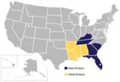 A map of the SEC as it existed between 1991 and 2012, with East (blue) and West (yellow) divisions