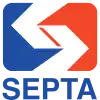 Angled white "S" with the word SEPTA in blue underneath. The background to the left of the "S" is blue and red on the right.