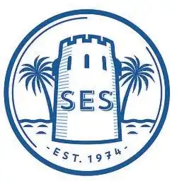 SES Emblem. Tower surrounded by palm trees, displaying name & slogan.