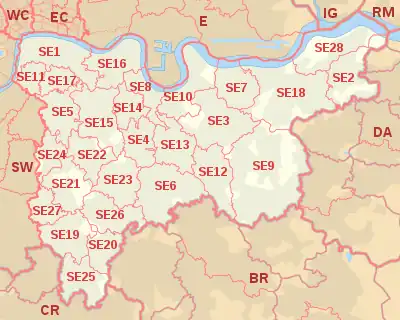 SE postcode area map, showing postcode districts, post towns and neighbouring postcode areas.