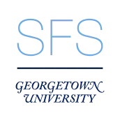 The capital letters SFS in a sans-serif font in a sky blue color above a navy dividing bar, below which has Georgetown University spelled in all capitals, a swash serif font, and navy color.