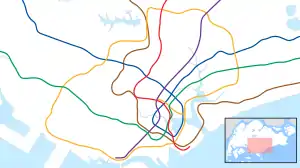 A map of the Singapore rail system, with a color for each line and a red dot highlighting the location of Woodleigh station in Singapore.