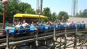 Gerstlauer-designed wooden roller coaster train on Son of Beast at Kings Island.