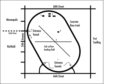 Map showing Speedway Field and locations of runways and structures