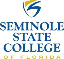 The Logo of the Seminole State College of Florida featuring the Seminole State "Shield Icon" on top of the words "Seminole State College" in blue and the words "of Florida" in yellow