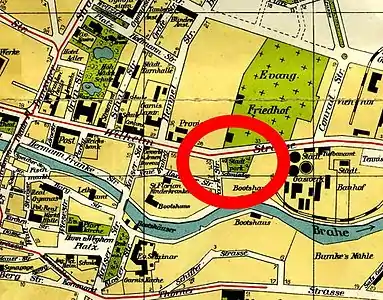 1914 Map of Bromberg with the "Stadt Park" in front of the Lutheran cemetery (Evang. Friedhof)