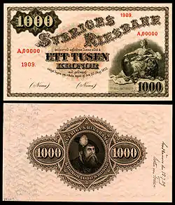 1909 specimen of a Sveriges Riksbank 1,000-kronor note