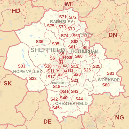 S postcode area map, showing postcode districts, post towns and neighbouring postcode areas.