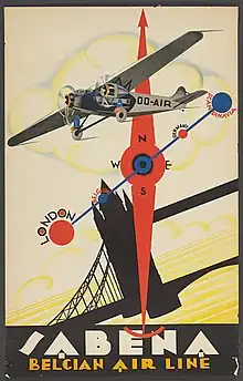 Silkscreen on board poster with compass, aircraft, silhouette of London Bridge, and mention of Germany, Scandinavia, Britain and Belgium as destinations