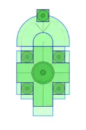 Plan of the church, with campanile at north end, and four smaller cupolas around central dome