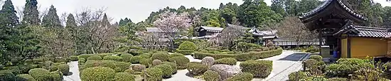 Panoramic color picture of a garden with, in the foreground, leafy plants on white gravel ground, and trees in the background.