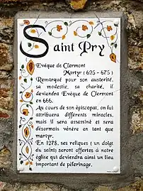 Plaque commemorating St. Praejectus (St. Pry), at Saint-Prix, Val-d'Oise.