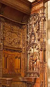 Detail of carving and marquetry of the choir stalls