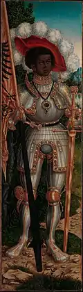 Saint Maurice by Lucas Cranach the Elder (1472–1553), depicted wearing a full silver armour that was either made for Maximilian I(later acquired by Emperor Charles V) or commissioned by Cardinal Albrecht of Brandenburg for Charles V to be used in his coronation in Aachen in 1520.