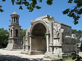 Roman site 'Les Antiques' of Glanum, with the Mausoleum (left) and the Arch (right)