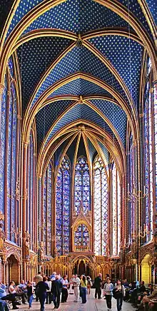 Sainte Chapelle interior showing painted stonework vaulting and stained glass