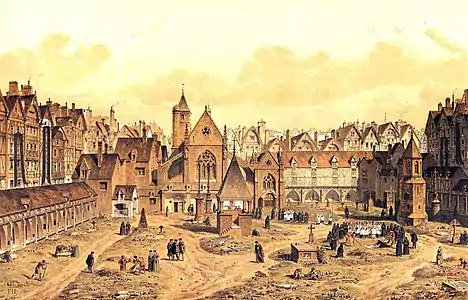 An engraving by Theodor Josef Hubert Hoffbauer of the Saints Innocents Cemetery and its church. The image shows the Rue Saint-Denis on the left, the church at the rear and the graveyard in the foreground. A burial is taking place.